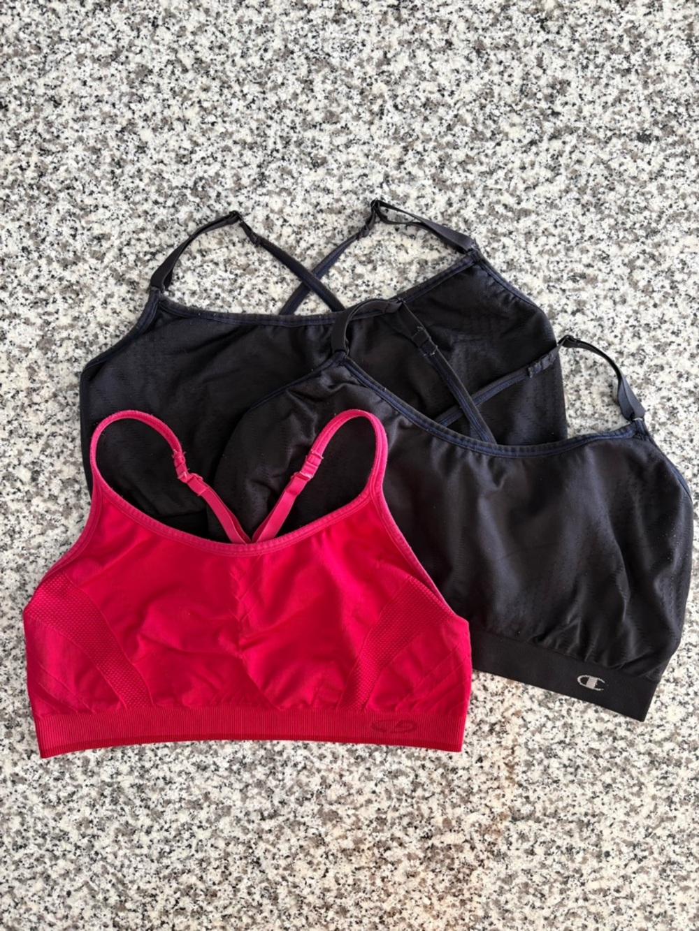 Champion—(3) Sports Bras Black/Red Pullover Adjustable Straps Criss Cross, Large